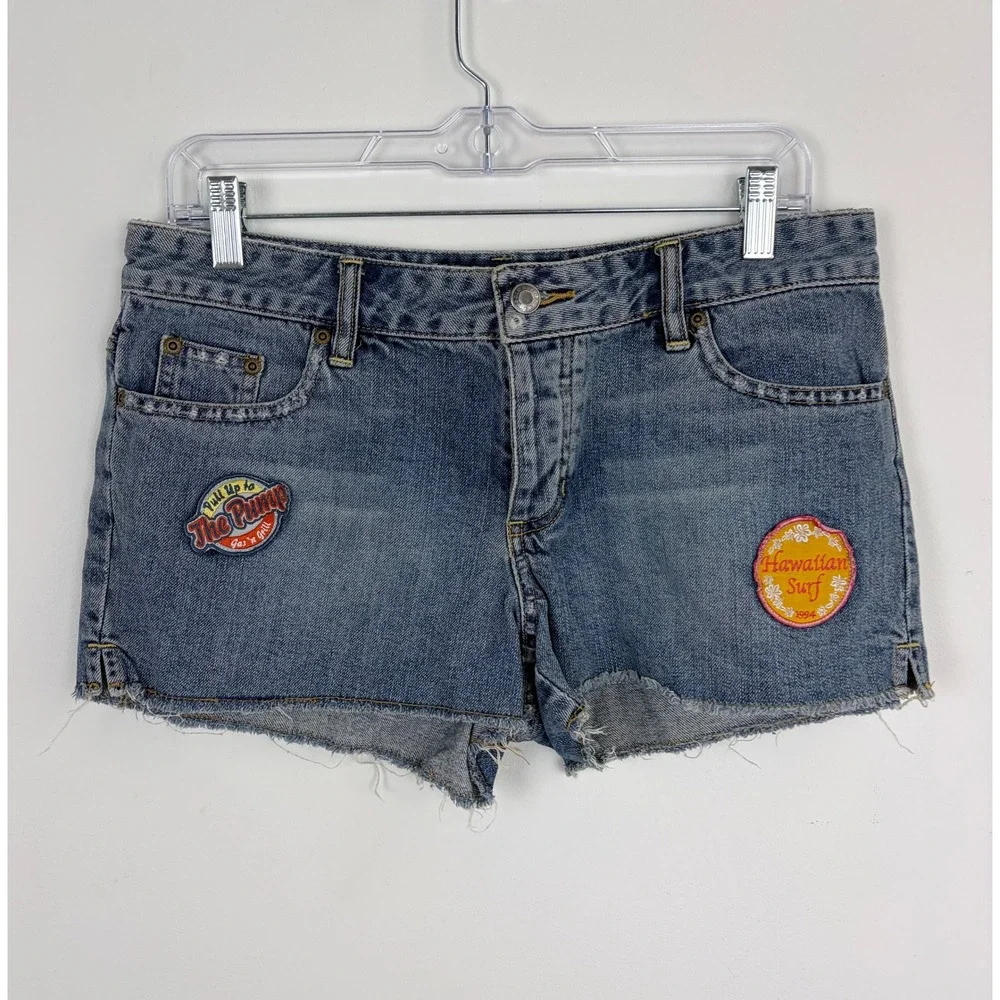 Y2K Vintage Ultra Low Rise Denim Shorts Old Navy Blue Jeans Patch Cut Off Size 6